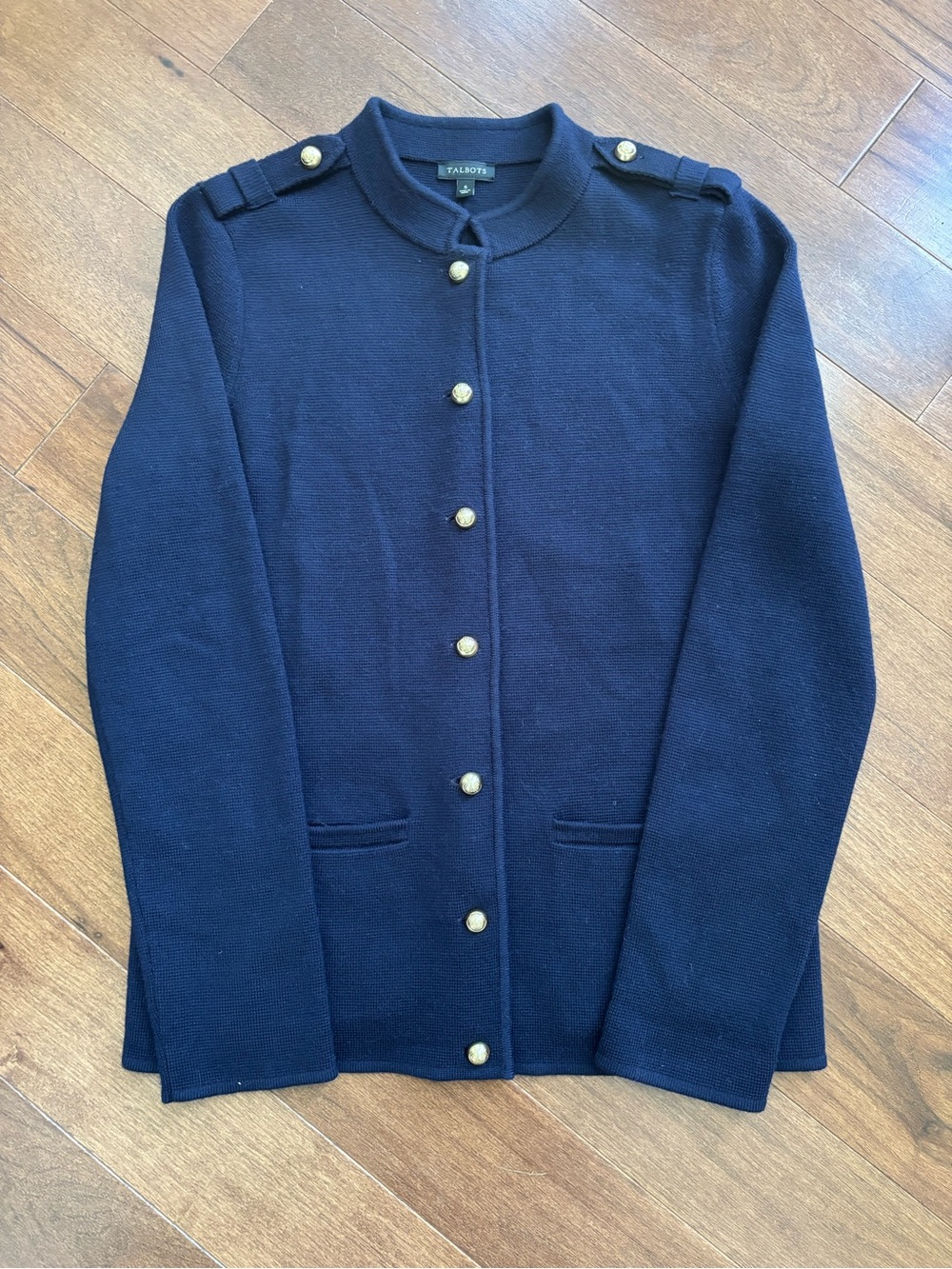 Talbots Navy Military-Inspired Knit Blazer with Gold Buttons